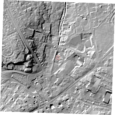 Shaded relief map of the ground around CB88NR, computed from Environment Agency LiDAR. The ground here sits at about 27 m above sea level and falls 16 m across the surrounding 800 m. Surface water reaching this point runs off ground lying to the west-north-west, 15.3 m higher.