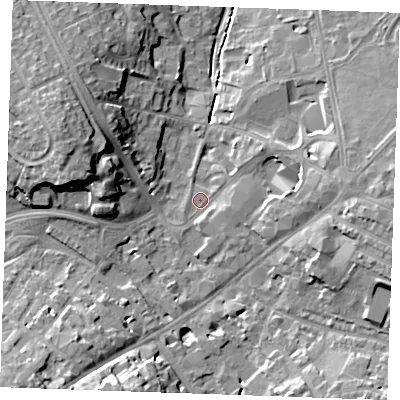 Shaded relief map of the ground around CB88NT, computed from Environment Agency LiDAR. The ground here sits at about 27 m above sea level and falls 16 m across the surrounding 800 m. Surface water reaching this point runs off ground lying to the east, 6.7 m higher.