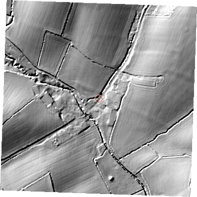 Shaded relief map of the ground around CB88PB, computed from Environment Agency LiDAR. The ground here sits at about 77 m above sea level and falls 29 m across the surrounding 800 m. Surface water reaching this point runs off ground lying to the north-east, 24.3 m higher.