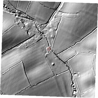 Shaded relief map of the ground around CB88PJ, computed from Environment Agency LiDAR. The ground here sits at about 75 m above sea level and falls 24 m across the surrounding 800 m. Surface water reaching this point runs off ground lying to the west-south-west, 21.9 m higher.