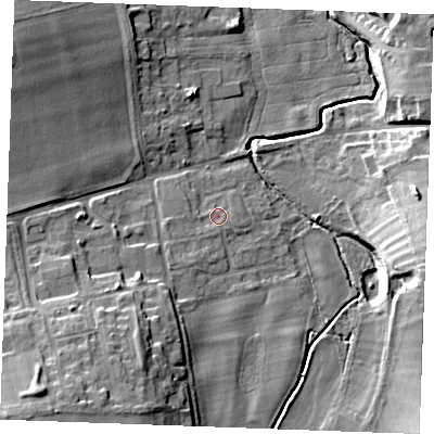Shaded relief map of the ground around CB88QX, computed from Environment Agency LiDAR. The ground here sits at about 28 m above sea level and falls 20 m across the surrounding 800 m. Surface water reaching this point runs off ground lying to the south-south-west, 1.8 m higher.