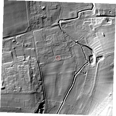Shaded relief map of the ground around CB88QY, computed from Environment Agency LiDAR. The ground here sits at about 28 m above sea level and falls 23 m across the surrounding 800 m. Surface water reaching this point runs off ground lying to the south-west, 8.9 m higher.