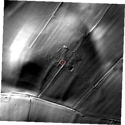 Shaded relief map of the ground around CB88QZ, computed from Environment Agency LiDAR. The ground here sits at about 82 m above sea level and falls 47 m across the surrounding 800 m. Surface water reaching this point runs off ground lying to the south-south-east, 1.6 m higher.