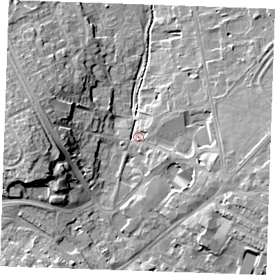 Shaded relief map of the ground around CB88RX, computed from Environment Agency LiDAR. The ground here sits at about 27 m above sea level and falls 16 m across the surrounding 800 m. Surface water reaching this point runs off ground lying to the west, 15.2 m higher.