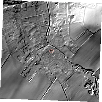 Shaded relief map of the ground around CB88SF, computed from Environment Agency LiDAR. The ground here sits at about 36 m above sea level and falls 42 m across the surrounding 800 m. Surface water reaching this point runs off ground lying to the south-south-west, 3.5 m higher.