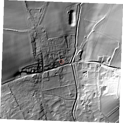 Shaded relief map of the ground around CB88SP, computed from Environment Agency LiDAR. The ground here sits at about 37 m above sea level and falls 36 m across the surrounding 800 m. Surface water reaching this point runs off ground lying to the west-north-west, 4.2 m higher.