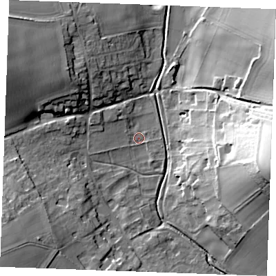 Shaded relief map of the ground around CB88SQ, computed from Environment Agency LiDAR. The ground here sits at about 35 m above sea level and falls 37 m across the surrounding 800 m. Surface water reaching this point runs off ground lying to the west-north-west, 4.8 m higher.