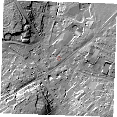 Shaded relief map of the ground around CB88SX, computed from Environment Agency LiDAR. The ground here sits at about 28 m above sea level and falls 19 m across the surrounding 800 m. Surface water reaching this point runs off ground lying to the north-east, 1.3 m higher.