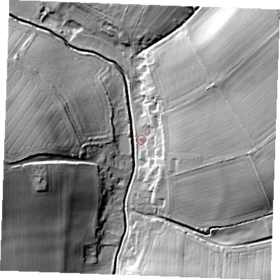 Shaded relief map of the ground around CB88TF, computed from Environment Agency LiDAR. The ground here sits at about 48 m above sea level and falls 40 m across the surrounding 800 m. Surface water reaching this point runs off ground lying to the east-north-east, 28.2 m higher.