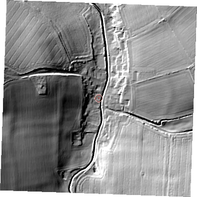 Shaded relief map of the ground around CB88TG, computed from Environment Agency LiDAR. The ground here sits at about 48 m above sea level and falls 29 m across the surrounding 800 m. Surface water reaching this point runs off ground lying to the west, 25.5 m higher.