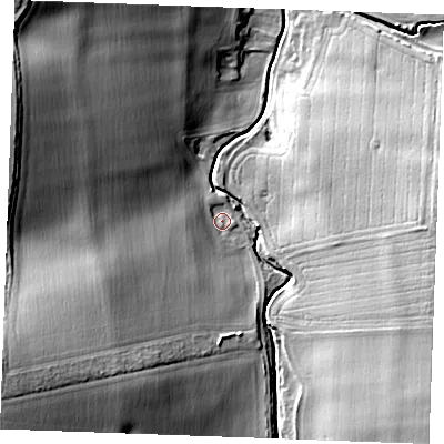 Shaded relief map of the ground around CB88TJ, computed from Environment Agency LiDAR. The ground here sits at about 50 m above sea level and falls 33 m across the surrounding 800 m. Surface water reaching this point runs off ground lying to the south-west, 29.6 m higher.