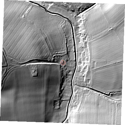 Shaded relief map of the ground around CB88TQ, computed from Environment Agency LiDAR. The ground here sits at about 51 m above sea level and falls 32 m across the surrounding 800 m. Surface water reaching this point runs off ground lying to the west, 25.9 m higher.