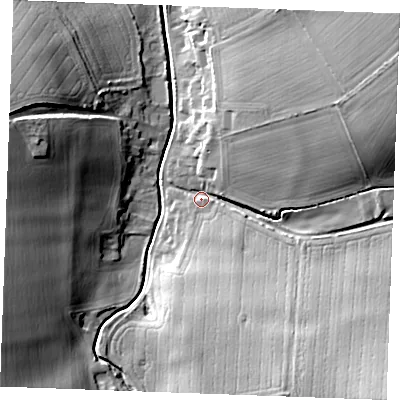 Shaded relief map of the ground around CB88UB, computed from Environment Agency LiDAR. The ground here sits at about 49 m above sea level and falls 32 m across the surrounding 800 m. Surface water reaching this point runs off ground lying to the north-east, 26.3 m higher.