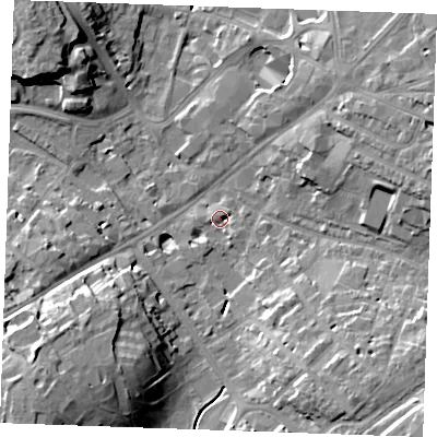 Shaded relief map of the ground around CB88UG, computed from Environment Agency LiDAR. The ground here sits at about 28 m above sea level and falls 20 m across the surrounding 800 m. Surface water reaching this point runs off ground lying to the south-south-east, 2.2 m higher.