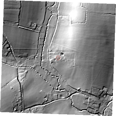Shaded relief map of the ground around CB88UL, computed from Environment Agency LiDAR. The ground here sits at about 87 m above sea level and falls 29 m across the surrounding 800 m. Surface water reaching this point runs off ground lying to the east-north-east, 9.2 m higher.