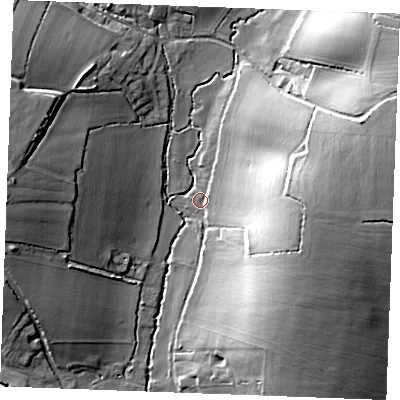 Shaded relief map of the ground around CB88UN, computed from Environment Agency LiDAR. The ground here sits at about 84 m above sea level and falls 28 m across the surrounding 800 m. Surface water reaching this point runs off ground lying to the east-north-east, 22.3 m higher.