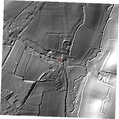 Shaded relief map of the ground around CB88UW, computed from Environment Agency LiDAR. The ground here sits at about 88 m above sea level and falls 23 m across the surrounding 800 m. Surface water reaching this point runs off ground lying to the north-north-west, 18.3 m higher.