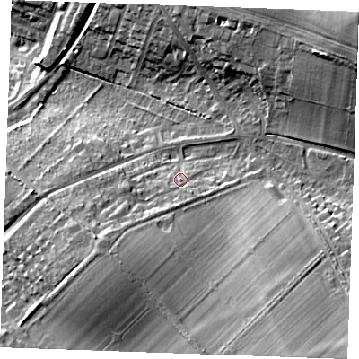 Shaded relief map of the ground around CB88YU, computed from Environment Agency LiDAR. The ground here sits at about 41 m above sea level and falls 29 m across the surrounding 800 m. Surface water reaching this point runs off ground lying to the south-south-west, 5.1 m higher.