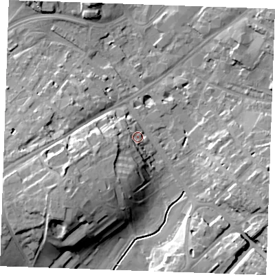 Shaded relief map of the ground around CB89AA, computed from Environment Agency LiDAR. The ground here sits at about 31 m above sea level and falls 20 m across the surrounding 800 m. Surface water reaching this point runs off ground lying to the south-west, 15.8 m higher.