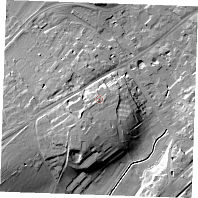 Shaded relief map of the ground around CB89AU, computed from Environment Agency LiDAR. The ground here sits at about 39 m above sea level and falls 20 m across the surrounding 800 m. Surface water reaching this point runs off ground lying to the south-south-west, 6.7 m higher.