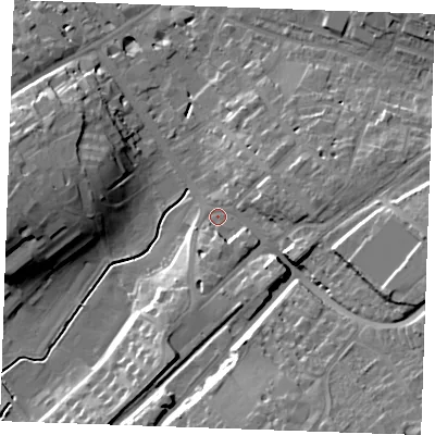 Shaded relief map of the ground around CB89AY, computed from Environment Agency LiDAR. The ground here sits at about 30 m above sea level and falls 22 m across the surrounding 800 m. Surface water reaching this point runs off ground lying to the south-south-east, 16.7 m higher.