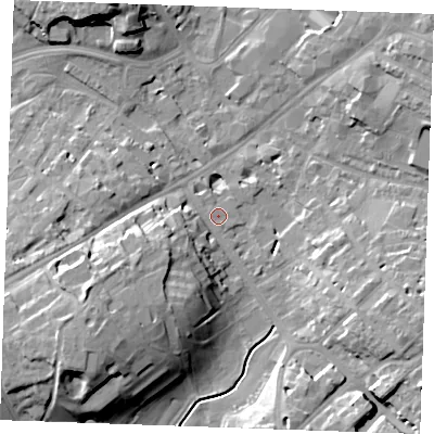 Shaded relief map of the ground around CB89AZ, computed from Environment Agency LiDAR. The ground here sits at about 28 m above sea level and falls 20 m across the surrounding 800 m. Surface water reaching this point runs off ground lying to the south-west, 16.0 m higher.