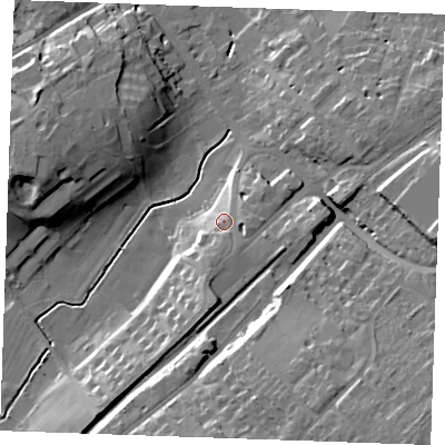 Shaded relief map of the ground around CB89BB, computed from Environment Agency LiDAR. The ground here sits at about 35 m above sea level and falls 24 m across the surrounding 800 m. Surface water reaching this point runs off ground lying to the south, 4.0 m higher.