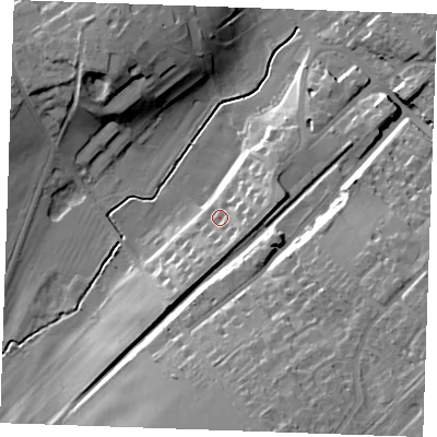 Shaded relief map of the ground around CB89BE, computed from Environment Agency LiDAR. The ground here sits at about 32 m above sea level and falls 22 m across the surrounding 800 m. Surface water reaching this point runs off ground lying to the east-north-east, 6.9 m higher.