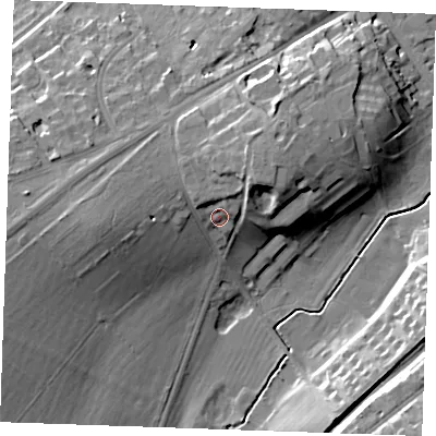 Shaded relief map of the ground around CB89BU, computed from Environment Agency LiDAR. The ground here sits at about 38 m above sea level and falls 18 m across the surrounding 800 m. Surface water reaching this point runs off ground lying to the north-north-east, 6.4 m higher.