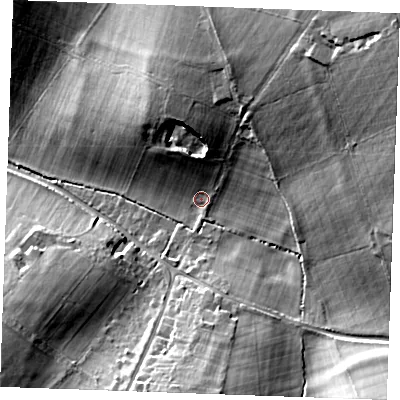 Shaded relief map of the ground around CB89DN, computed from Environment Agency LiDAR. The ground here sits at about 75 m above sea level and falls 31 m across the surrounding 800 m. Surface water reaching this point runs off ground lying to the north, 11.0 m higher.