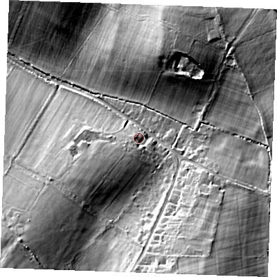 Shaded relief map of the ground around CB89EQ, computed from Environment Agency LiDAR. The ground here sits at about 76 m above sea level and falls 26 m across the surrounding 800 m. Surface water reaching this point runs off ground lying to the south-west, 7.5 m higher.