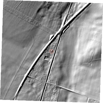 Shaded relief map of the ground around CB89JT, computed from Environment Agency LiDAR. The ground here sits at about 38 m above sea level and falls 16 m across the surrounding 800 m. Surface water reaching this point runs off ground lying to the south-west, 7.8 m higher.