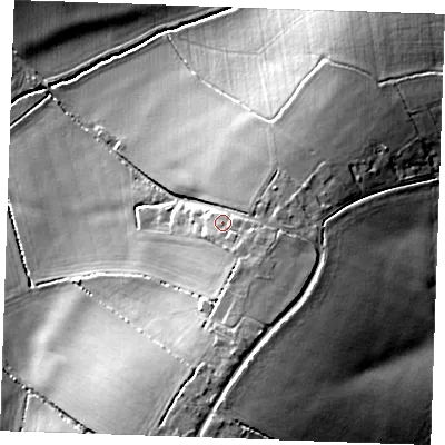 Shaded relief map of the ground around CB89JY, computed from Environment Agency LiDAR. The ground here sits at about 102 m above sea level and falls 24 m across the surrounding 800 m. Surface water reaching this point runs off ground lying to the south, 6.3 m higher.