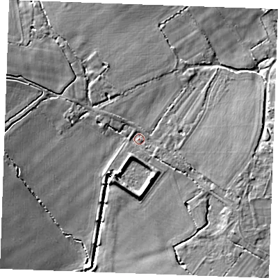 Shaded relief map of the ground around CB89PG, computed from Environment Agency LiDAR. The ground here sits at about 108 m above sea level and falls 16 m across the surrounding 800 m. Surface water reaching this point runs off ground lying to the north-west, 1.9 m higher.