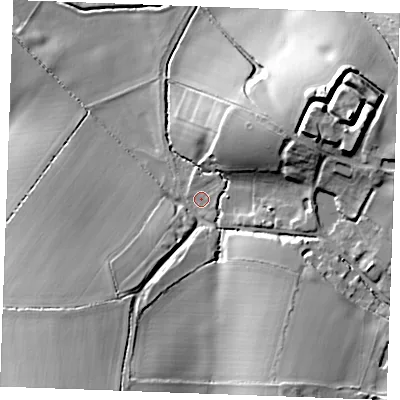 Shaded relief map of the ground around CB89PN, computed from Environment Agency LiDAR. The ground here sits at about 70 m above sea level and falls 27 m across the surrounding 800 m. Surface water reaching this point runs off ground lying to the south-south-east, 1.4 m higher.