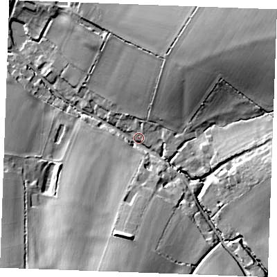 Shaded relief map of the ground around CB89PP, computed from Environment Agency LiDAR. The ground here sits at about 78 m above sea level and falls 24 m across the surrounding 800 m. Surface water reaching this point runs off ground lying to the north-east, 21.5 m higher.
