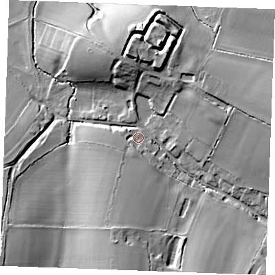 Shaded relief map of the ground around CB89PW, computed from Environment Agency LiDAR. The ground here sits at about 75 m above sea level and falls 26 m across the surrounding 800 m. Surface water reaching this point runs off ground lying to the south-south-west, 12.8 m higher.