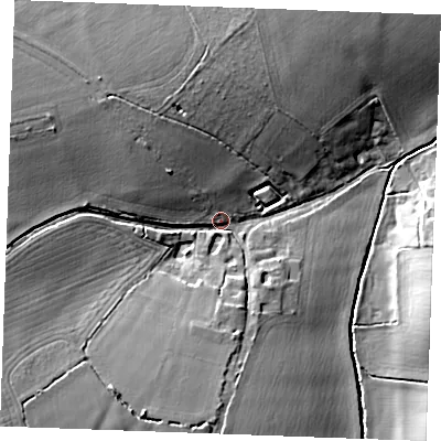 Shaded relief map of the ground around CB89QA, computed from Environment Agency LiDAR. The ground here sits at about 96 m above sea level and falls 19 m across the surrounding 800 m. Surface water reaching this point runs off ground lying to the south-west, 13.9 m higher.