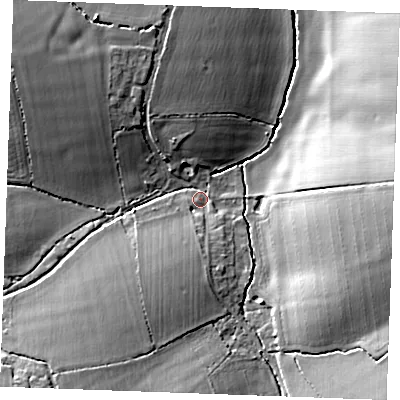 Shaded relief map of the ground around CB89QD, computed from Environment Agency LiDAR. The ground here sits at about 96 m above sea level and falls 16 m across the surrounding 800 m. Surface water reaching this point runs off ground lying to the north-west, 12.2 m higher.