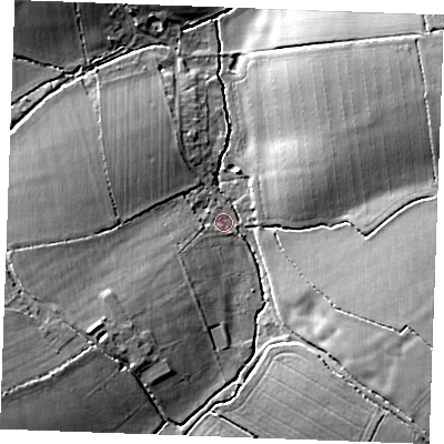 Shaded relief map of the ground around CB89QQ, computed from Environment Agency LiDAR. The ground here sits at about 97 m above sea level and falls 15 m across the surrounding 800 m. Surface water reaching this point runs off ground lying to the south-west, 6.8 m higher.