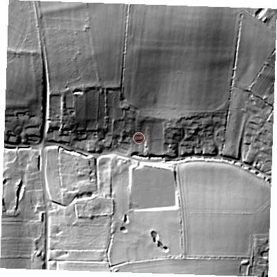 Shaded relief map of the ground around CB89UJ, computed from Environment Agency LiDAR. The ground here sits at about 83 m above sea level and falls 29 m across the surrounding 800 m. Surface water reaching this point runs off ground lying to the north-north-east, 20.2 m higher.