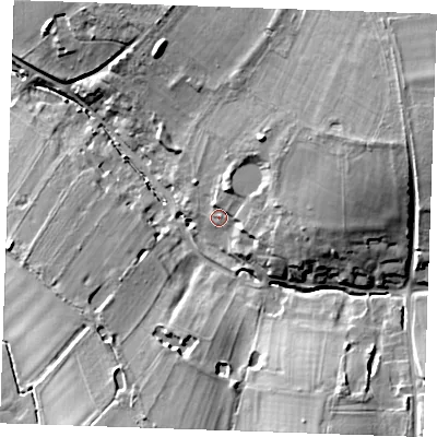 Shaded relief map of the ground around CB89UP, computed from Environment Agency LiDAR. The ground here sits at about 78 m above sea level and falls 25 m across the surrounding 800 m. Surface water reaching this point runs off ground lying to the north-east, 13.0 m higher.
