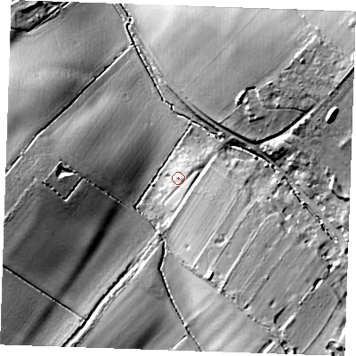Shaded relief map of the ground around CB89UY, computed from Environment Agency LiDAR. The ground here sits at about 74 m above sea level and falls 21 m across the surrounding 800 m. Surface water reaching this point runs off ground lying to the south-south-east, 1.7 m higher.