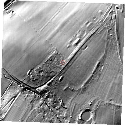 Shaded relief map of the ground around CB89UZ, computed from Environment Agency LiDAR. The ground here sits at about 85 m above sea level and falls 29 m across the surrounding 800 m. Surface water reaching this point runs off ground lying to the east, 1.7 m higher.