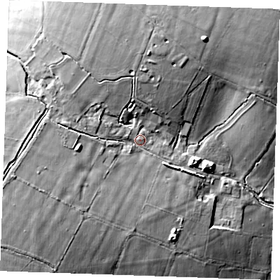 Shaded relief map of the ground around CB89XG, computed from Environment Agency LiDAR. The ground here sits at about 108 m above sea level and falls 16 m across the surrounding 800 m. Surface water reaching this point runs off ground lying to the west-south-west, 6.4 m higher.