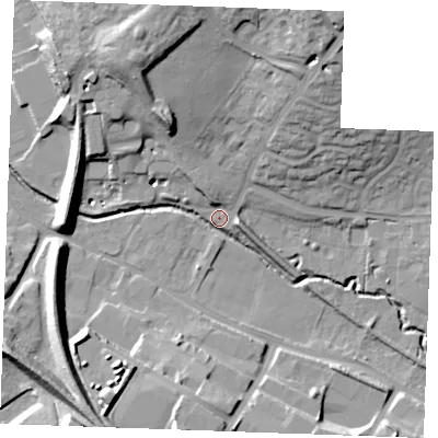 Shaded relief map of the ground around CB90BF, computed from Environment Agency LiDAR. The ground here sits at about 62 m above sea level and falls 26 m across the surrounding 800 m. Surface water reaching this point runs off ground lying to the north-north-east, 24.4 m higher.