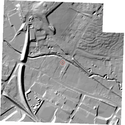 Shaded relief map of the ground around CB90BT, computed from Environment Agency LiDAR. The ground here sits at about 61 m above sea level and falls 25 m across the surrounding 800 m. Surface water reaching this point runs off ground lying to the north-east, 22.9 m higher.