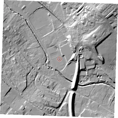 Shaded relief map of the ground around CB90BU, computed from Environment Agency LiDAR. The ground here sits at about 63 m above sea level and falls 33 m across the surrounding 800 m. Surface water reaching this point runs off ground lying to the north-east, 11.7 m higher.