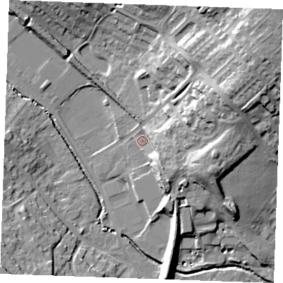 Shaded relief map of the ground around CB90EP, computed from Environment Agency LiDAR. The ground here sits at about 66 m above sea level and falls 39 m across the surrounding 800 m. Surface water reaching this point runs off ground lying to the east-north-east, 17.5 m higher.