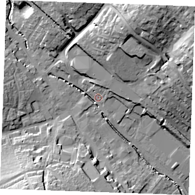 Shaded relief map of the ground around CB90ER, computed from Environment Agency LiDAR. The ground here sits at about 66 m above sea level and falls 35 m across the surrounding 800 m. Surface water reaching this point runs off ground lying to the south-south-west, 25.0 m higher.